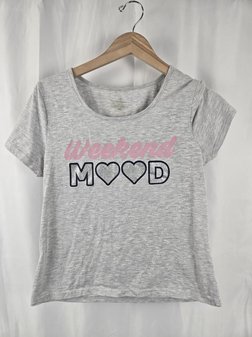 Weekend Mood Shirt Womens Medium Gray Short Sleeve Glitter Heart Graphic Tee
